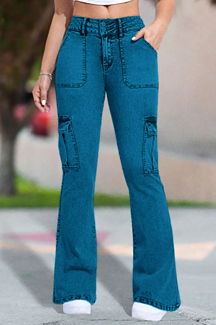 Multi Pocket Double Button Mid Rise Flare Cargo Jeans