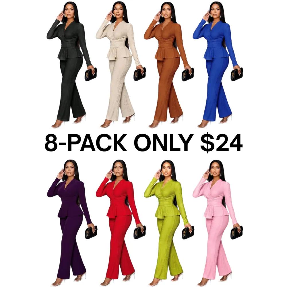Women's Solid Color Elegant V Neck Long Sleeve T-Shirt And Wide Leg Pants Two Piece Set
