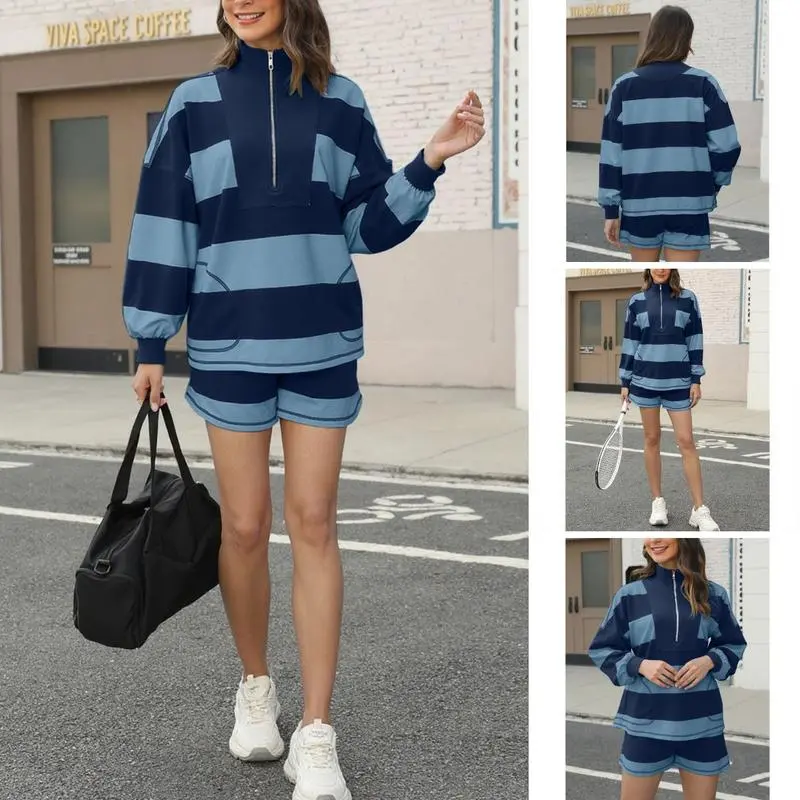 Women's Lounge Set 2 Piece Striped Long Sleeve Half Zip T-Shirt & Shorts Workout Tracksuit