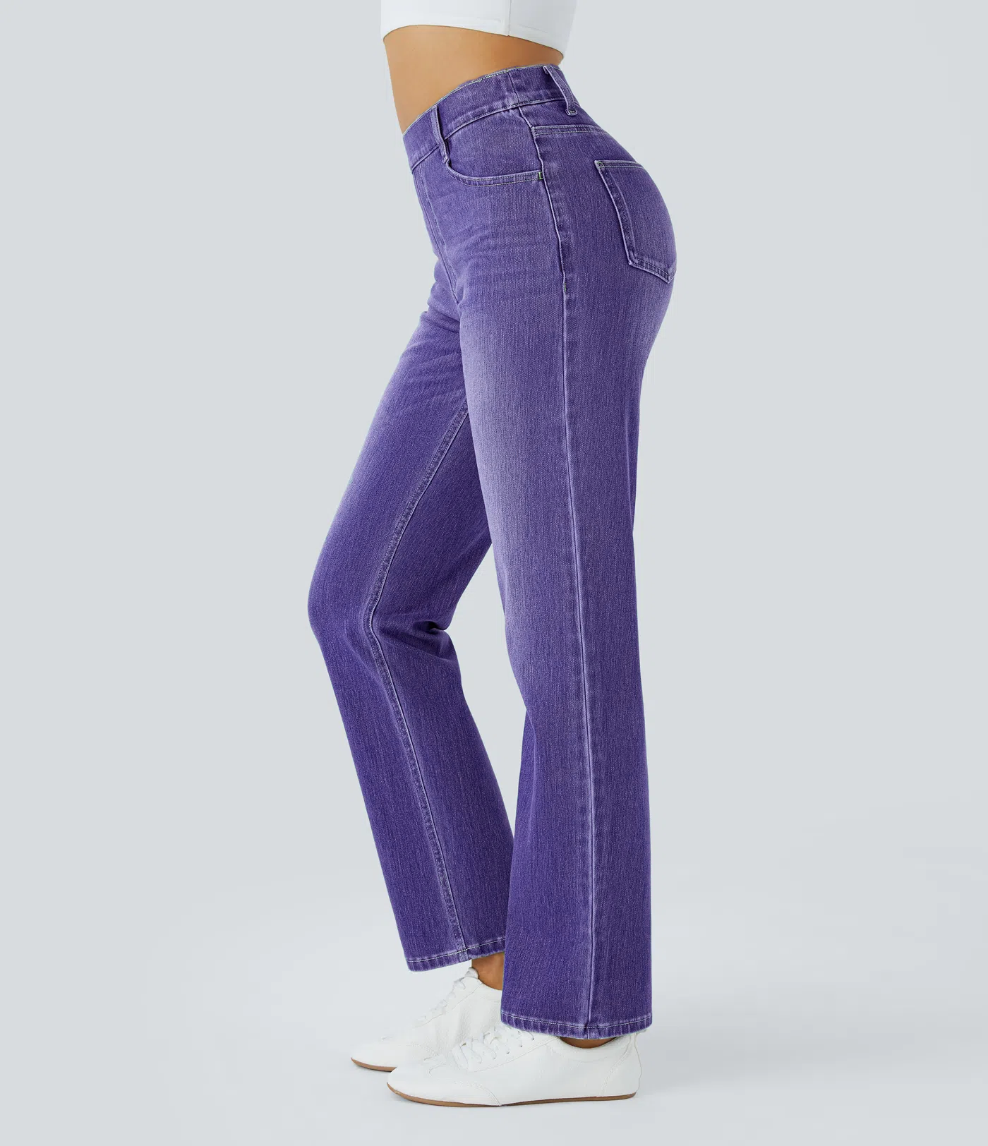 High Waisted Multiple Pockets Straight Leg Washed Stretchy Knit Casual Jeans