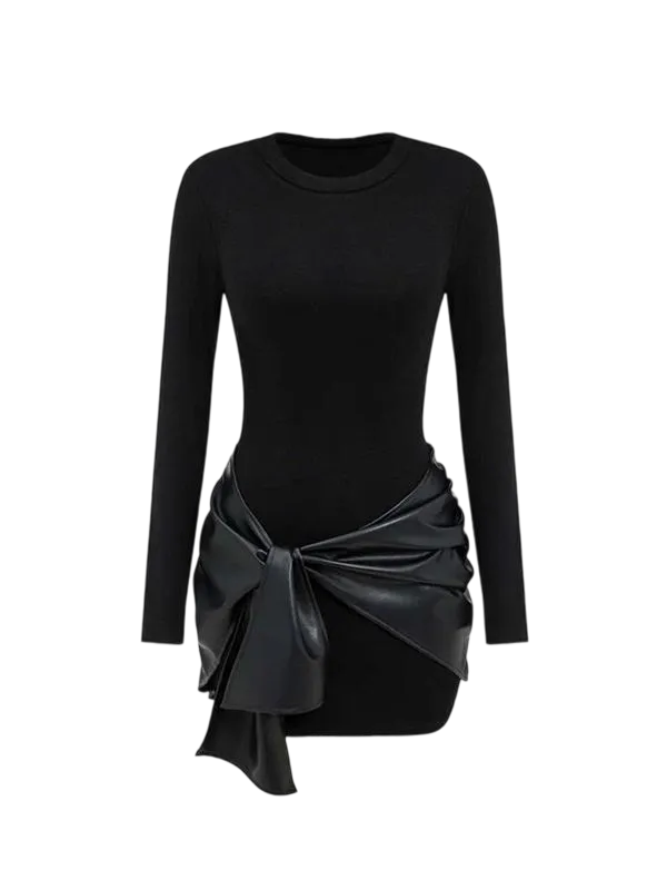 Women's Patchwork Knot Side Long Sleeve Dress