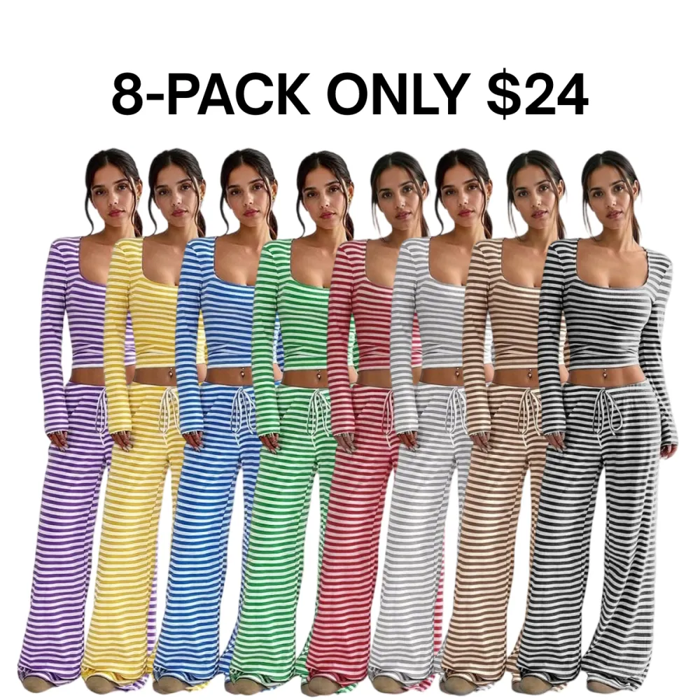Women's 2 Piece Outfit Striped Square Neck Long Sleeve Crop Tops and Pants Set