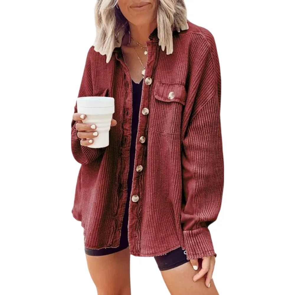 Women's Loose Fit Batwing Sleeve Waffle Knit Button Down Shirt Shacket Tops