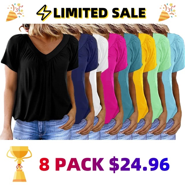 🎁Hot Sale 8 PACK $24.96⏳Women's Casual Pleated V-Neck Short-Sleeve Top
