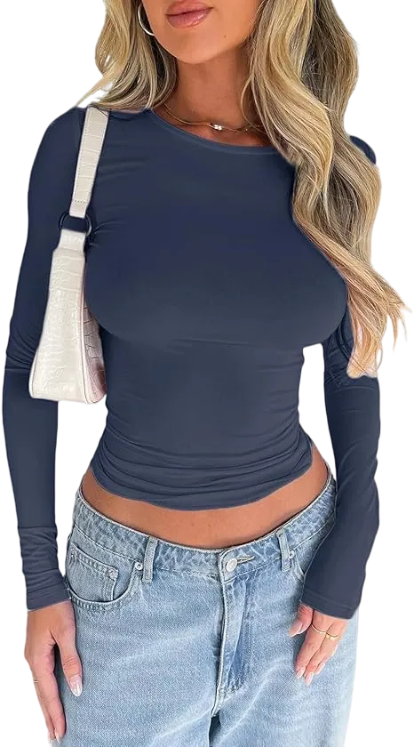 Women's New Trendy Round Neck Long Sleeve Crop Tee