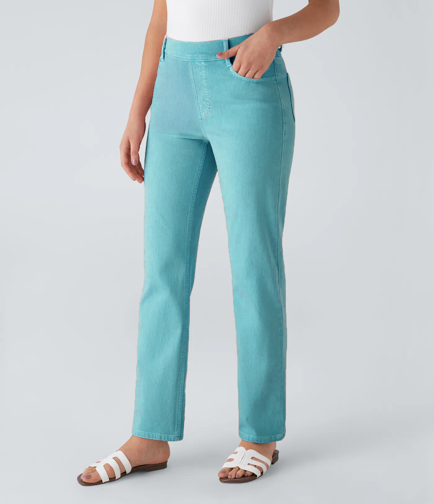 High Waisted Multiple Pockets Straight Leg Colorful Stretchy Knit Casual Jeans