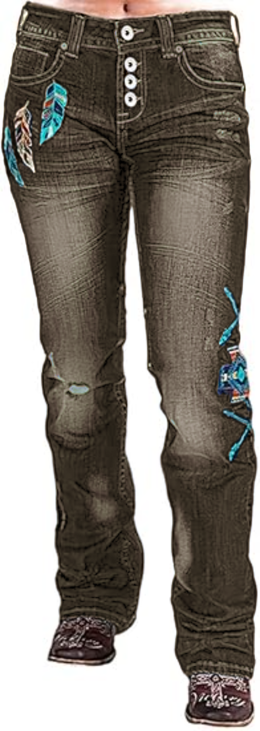 Women Floral Bootcut Jeans Mid Waist Ripped Jeans Vintage Denim Pants with Pockets