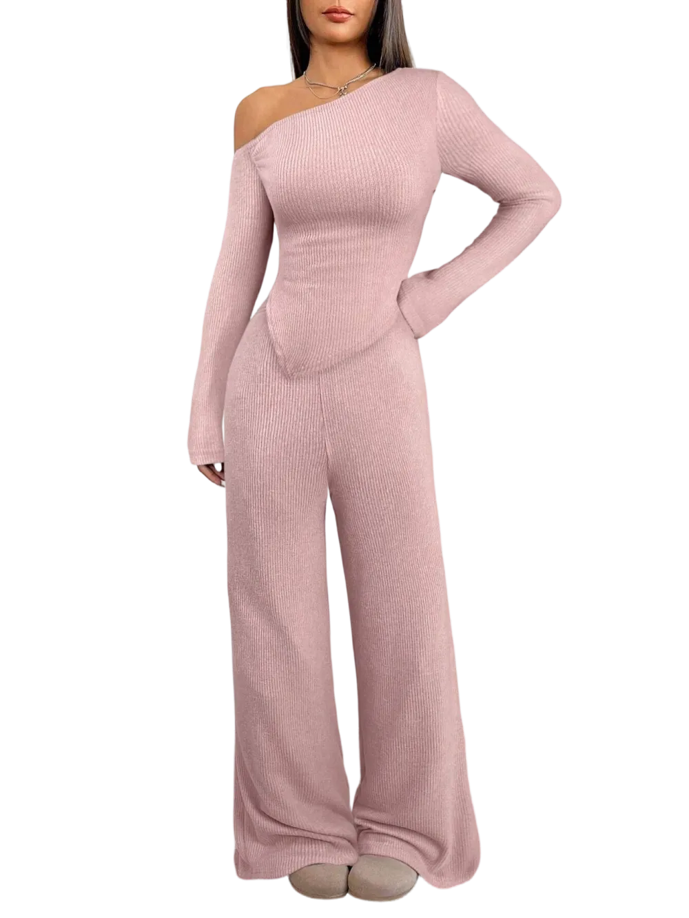 Women's Asymmetric Shoulder Top & Wide-Leg Pants Set