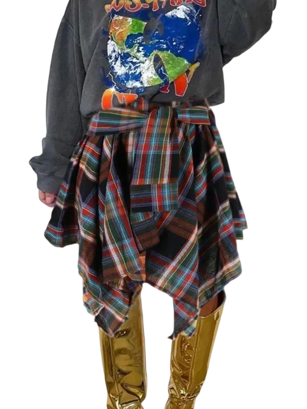 Women's Fashion Plaid Print Asymmetrical Hem High Waisted Skirt