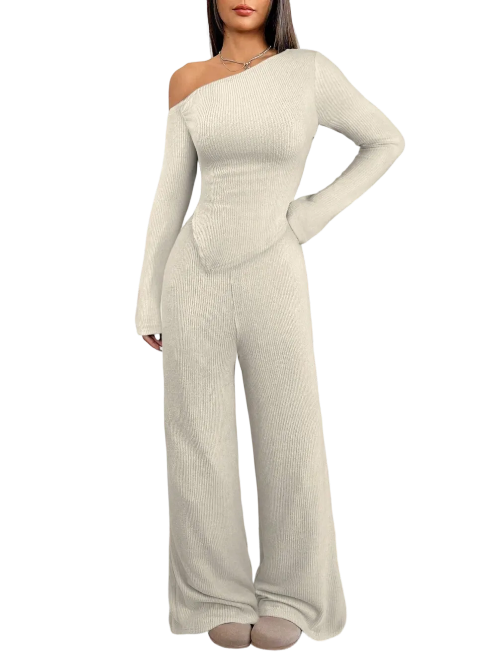 Women's Asymmetric Shoulder Top & Wide-Leg Pants Set