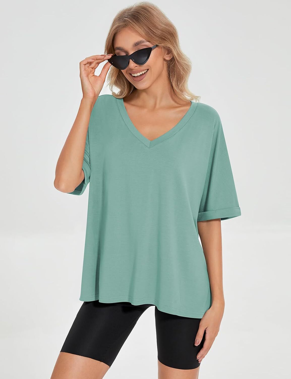 🔥Summer Deals!Womens Oversized T-Shirts Summer V Neck Casual Shirts Short Sleeve Workout Tunic Tops
