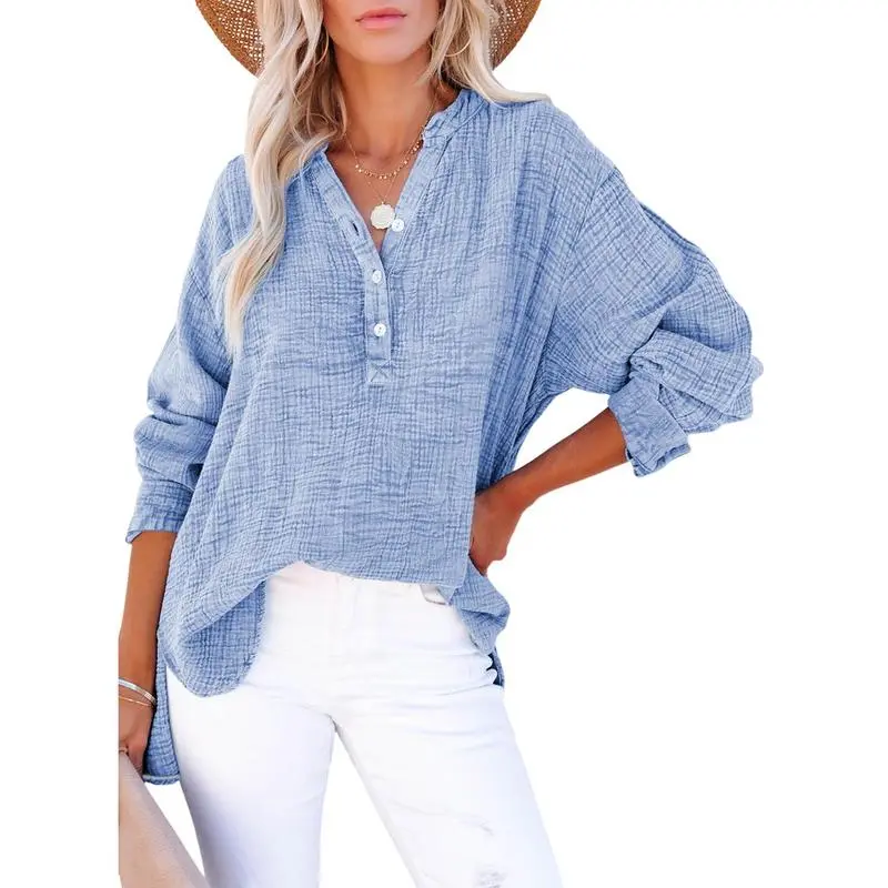 Women's Casual Button V Neck Long Sleeve Shirts