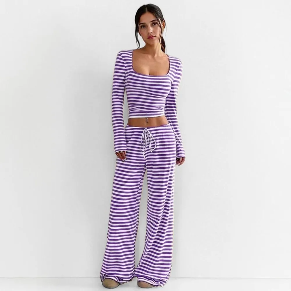 Women's 2 Piece Outfit Striped Square Neck Long Sleeve Crop Tops and Pants Set