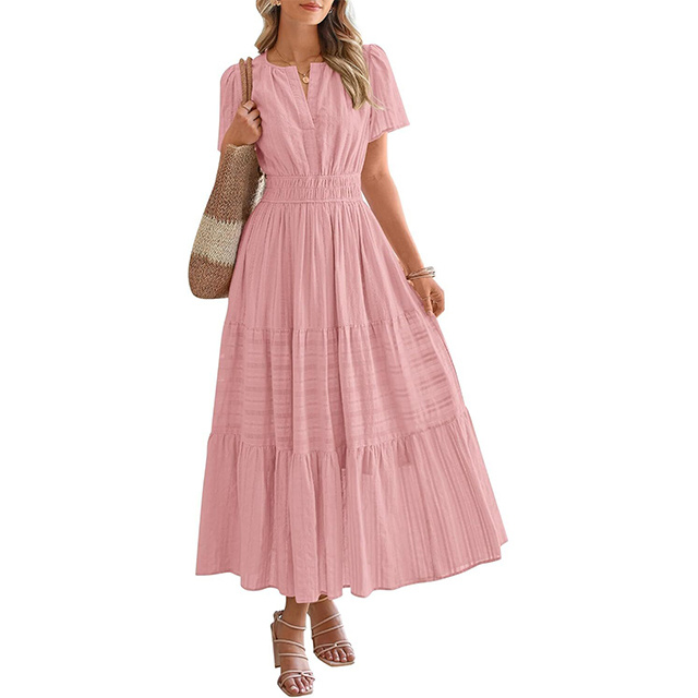 Women's Spring And Summer Lightweight Short Sleeve V Casual Midi Maxi Dresses