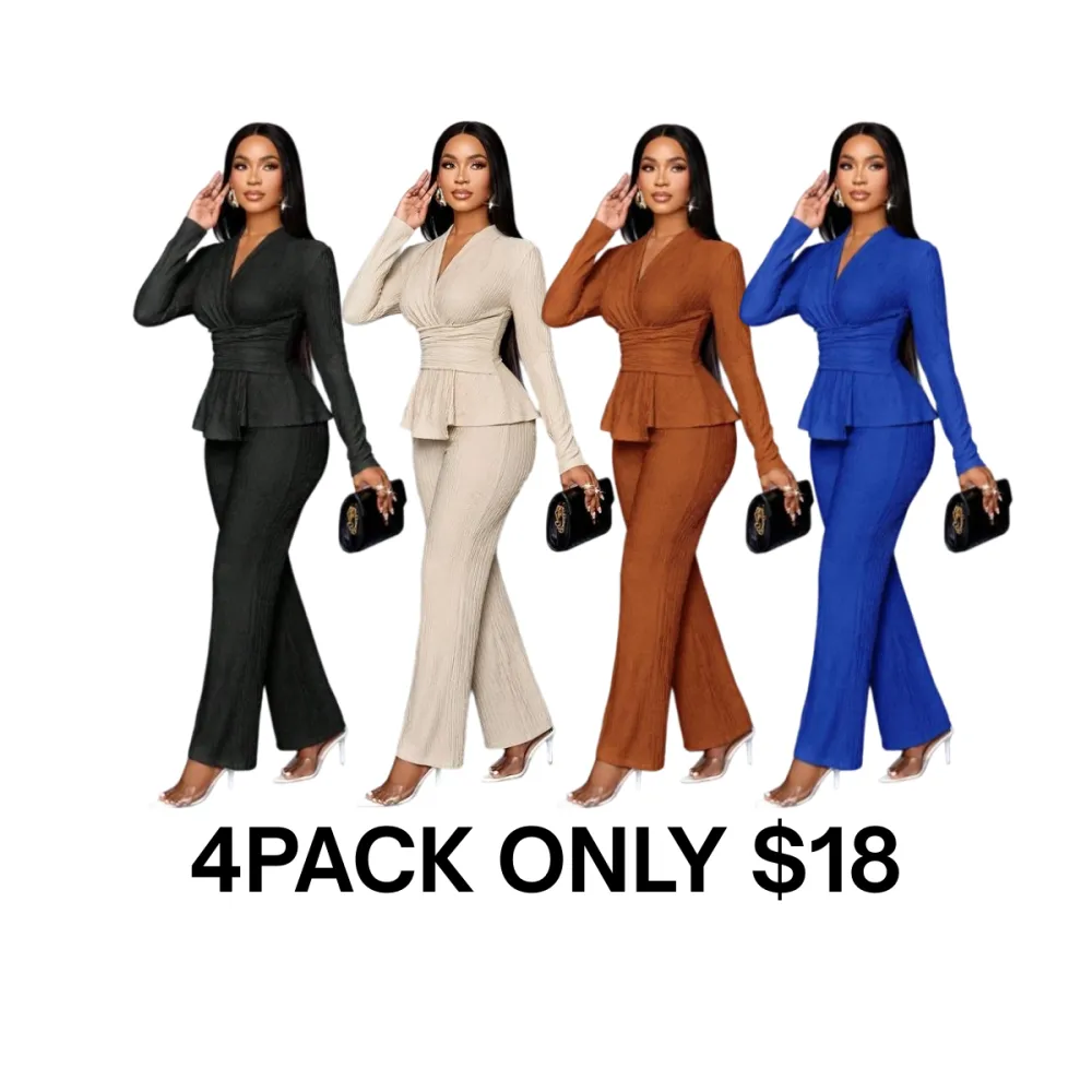 Women's Solid Color Elegant V Neck Long Sleeve T-Shirt And Wide Leg Pants Two Piece Set