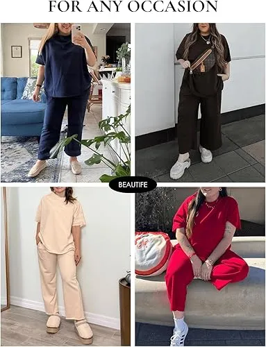 Women’s Casual Two Piece Outfit – 3/4 Sleeve Top & Wide Leg Pants