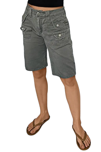 🔥Last Day Sale🔥Solid Stitch Detail Mid Waist Bermuda Shorts