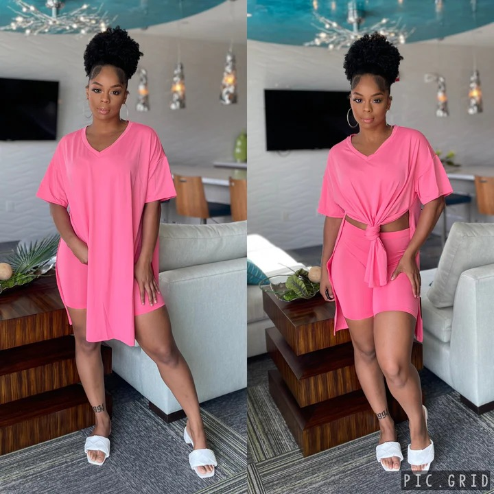 Women's 2-Piece Lounge Set Casual Oversized V-Neck Tops and High Waisted Shorts Set