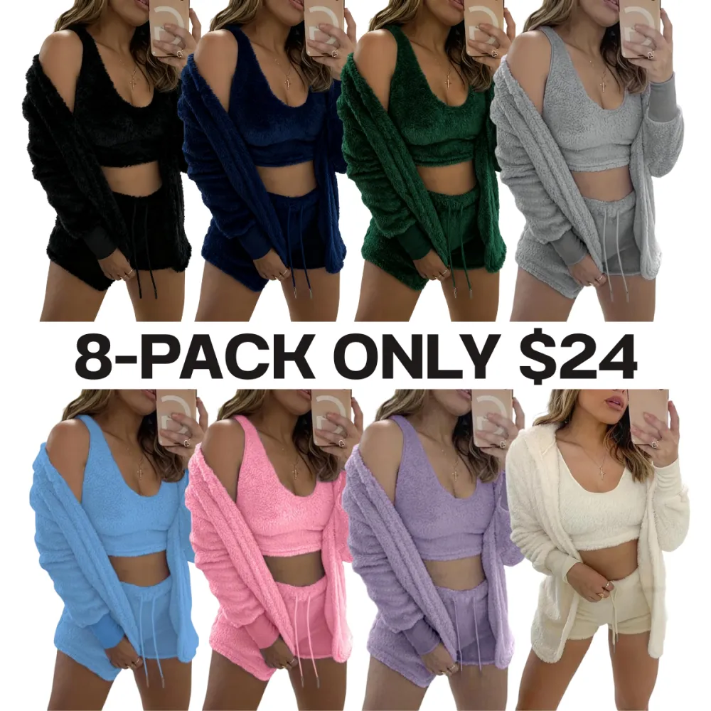 Women's 3-Piece Plush Pajama Set: Drop Shoulder Hoodie, Crop Top & Shorts