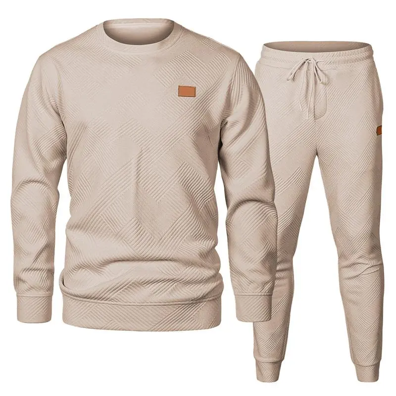 Men's 2 Piece Sweatsuits Outfits Casual Crewneck Jacquard Sweatshirt Joggers Sweatpants Set