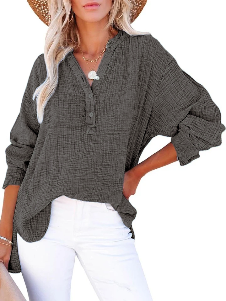 Womens Casual Button V Neck Long Sleeve Shirts Oversized Solid Blouses Tops