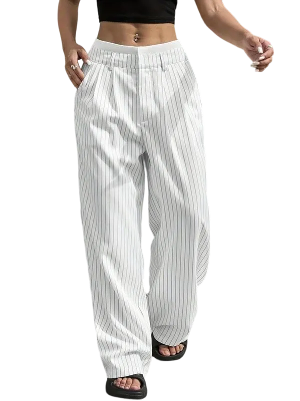Women's All Over Striped Print Pocket Wide Leg Pants