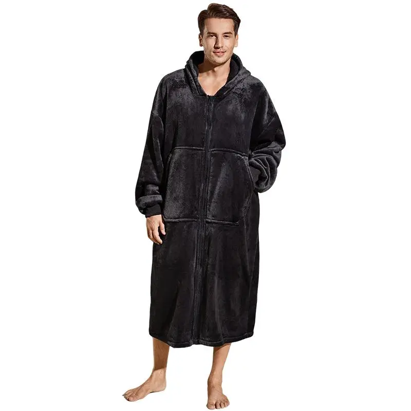 Flannel Sherpa Lined Pajamas Long Hooded Robe Zipper Front