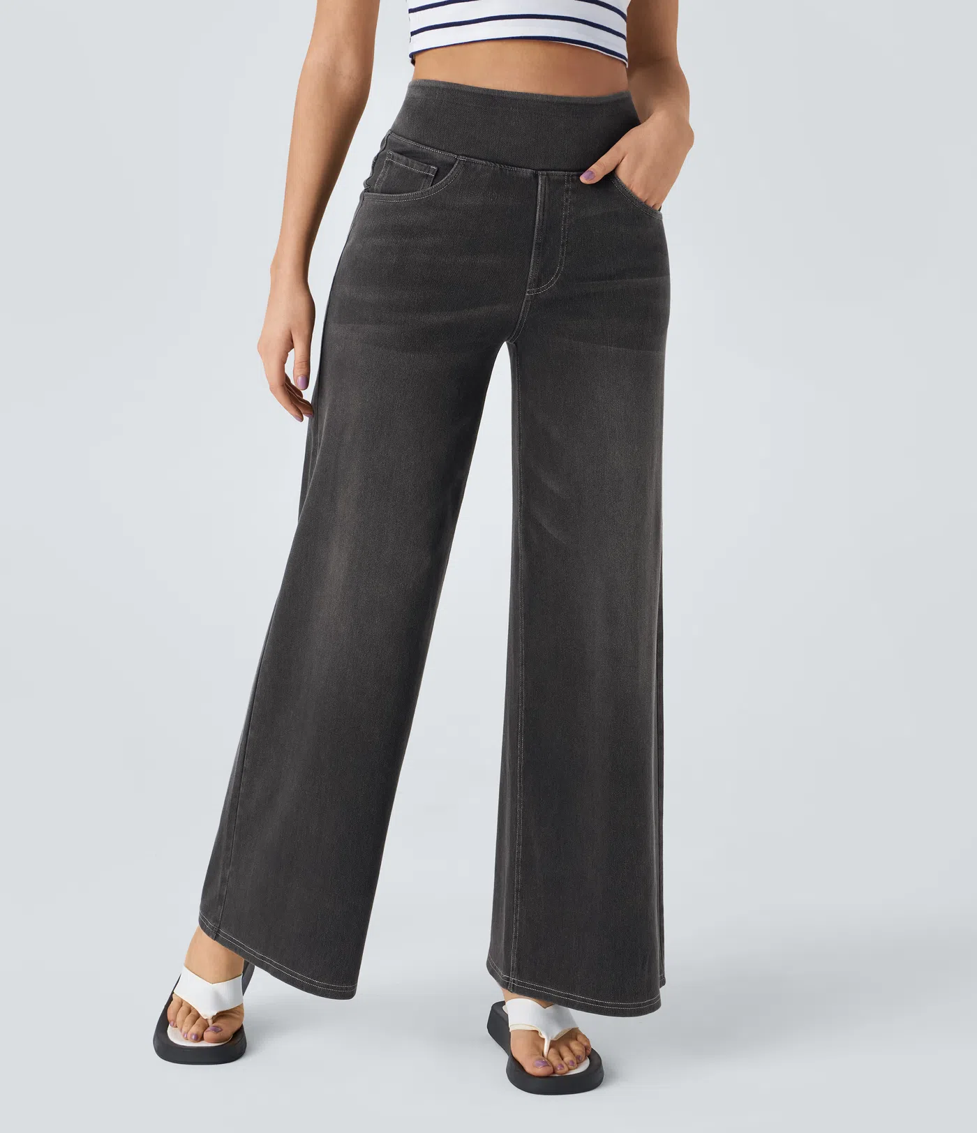 FINAL SALE⚡High Waisted Multiple Pockets Baggy Wide Leg Washed Stretchy Knit Casual Jeans