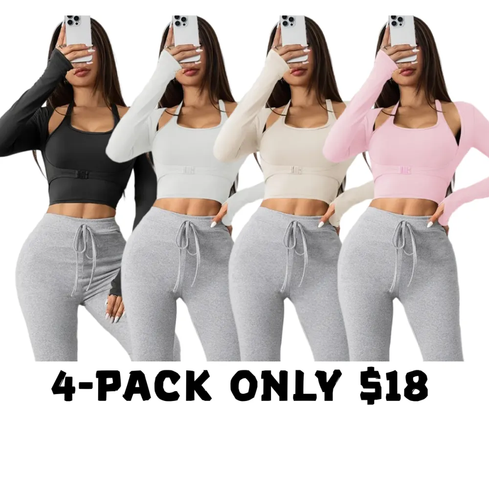 Women’s Halter & Thumb Hole Sports Top Set– Sleeveless & Buckle Front for Gym & Yoga