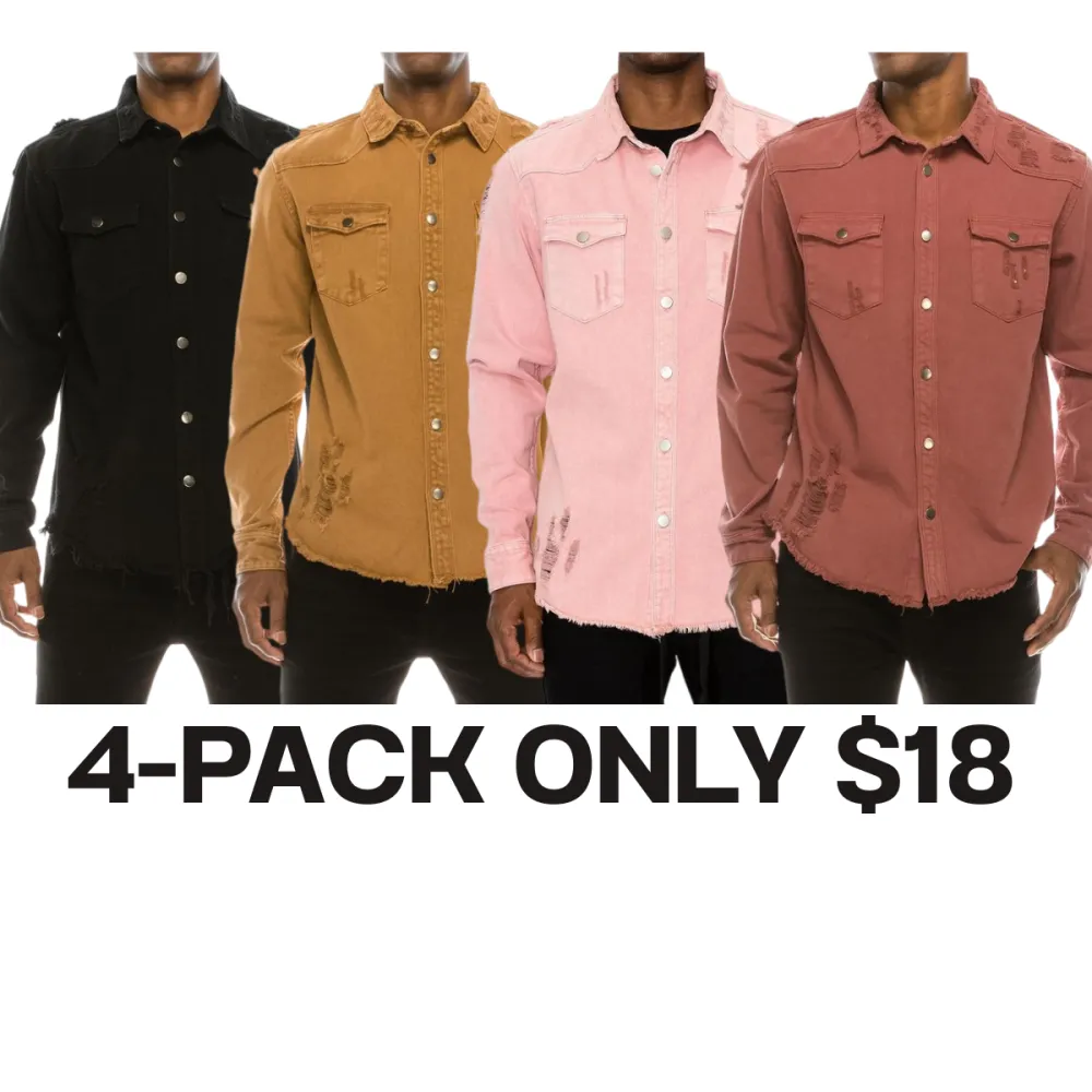 Men’s Distressed Denim Shirt – Heavyweight Button-Up with Pockets