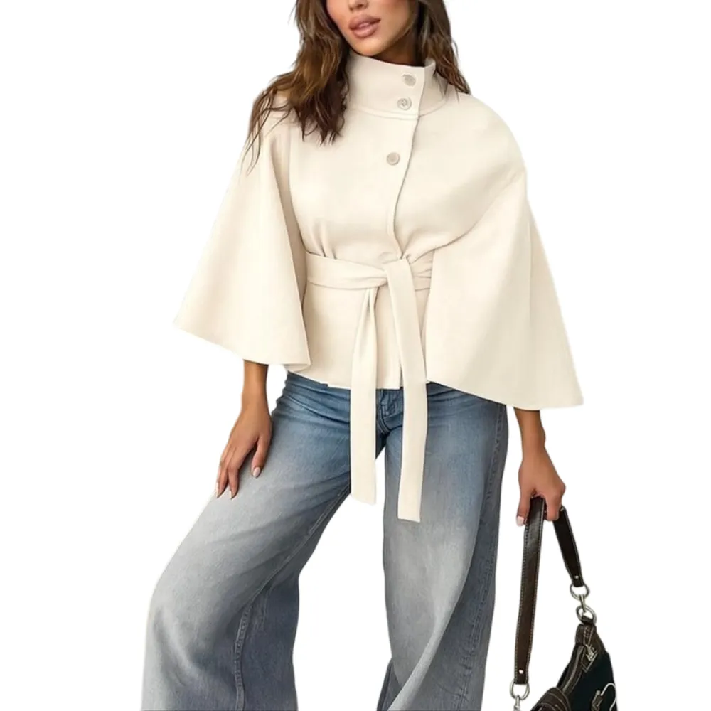 Women's Plain Front Buckle Belted Woolen Cape Coat