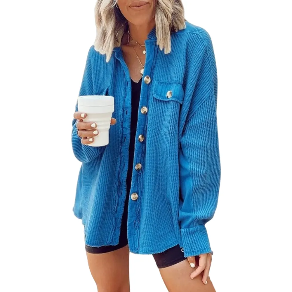 Women's Loose Fit Batwing Sleeve Waffle Knit Button Down Shirt Shacket Tops