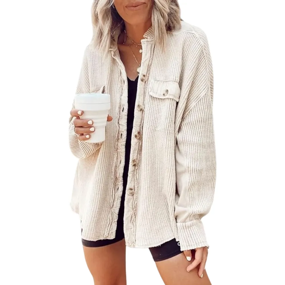 Women's Loose Fit Batwing Sleeve Waffle Knit Button Down Shirt Shacket Tops