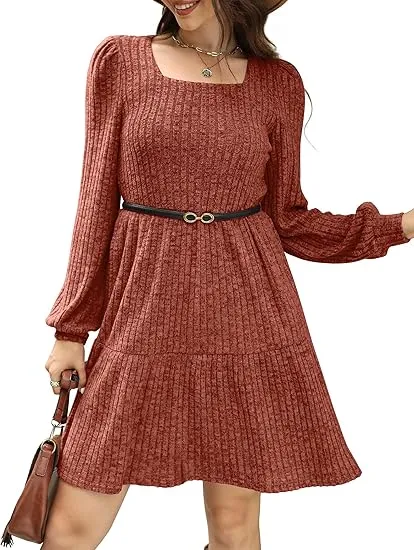 Women’s Square Neck Long Sleeve Sweater Dress