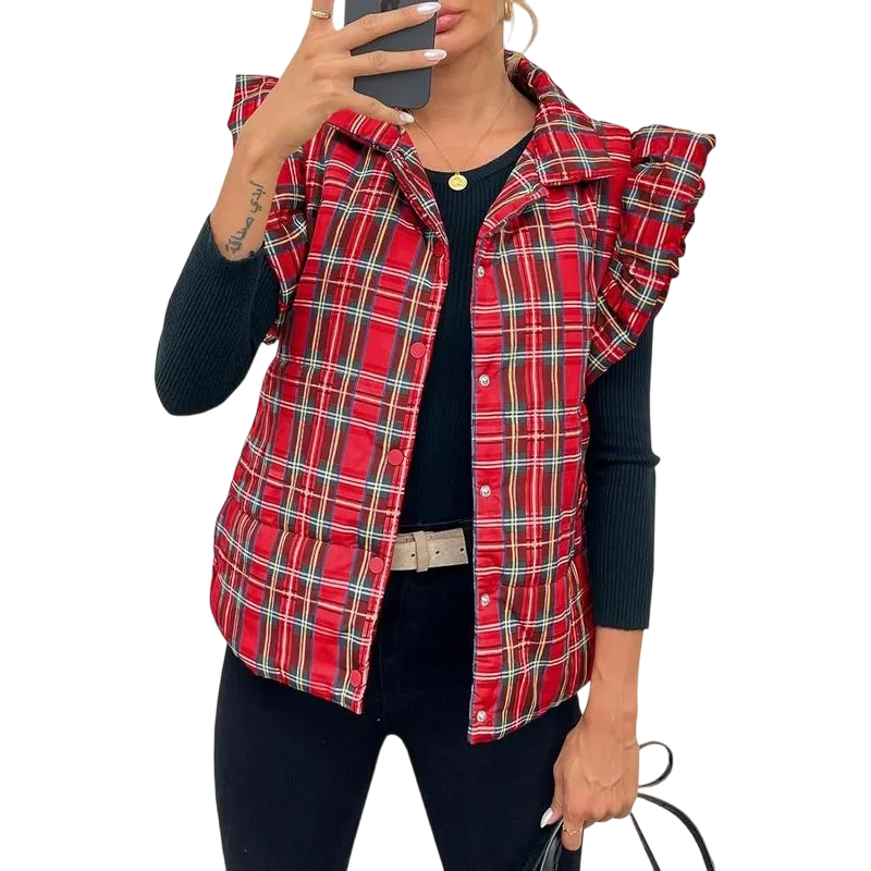 Women's Plaid Ruffle Trim Quilted Vest