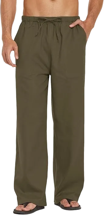 Mens Casual Linen Pants Elastic Waist Linen Pants