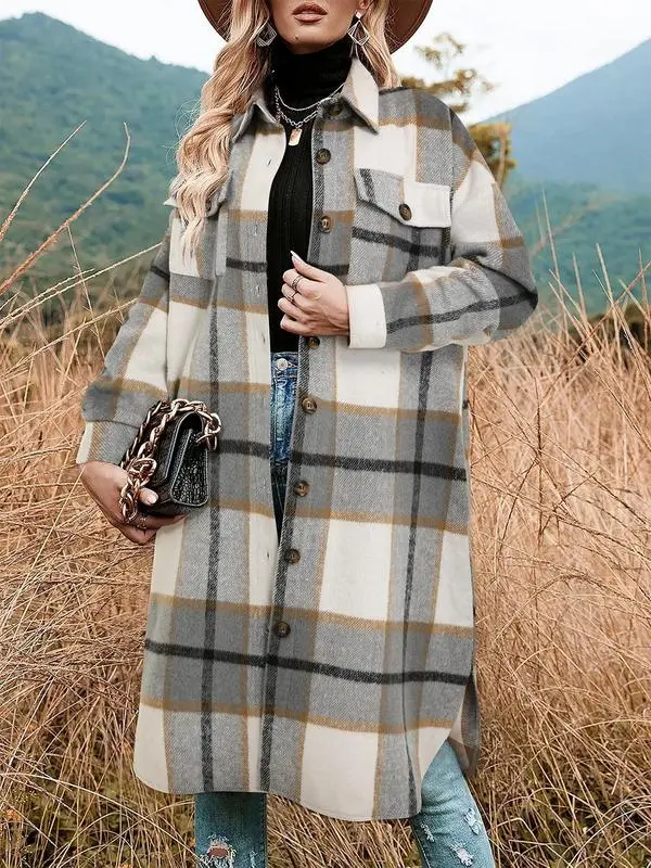 Women's Plaid Print Button Front Coat