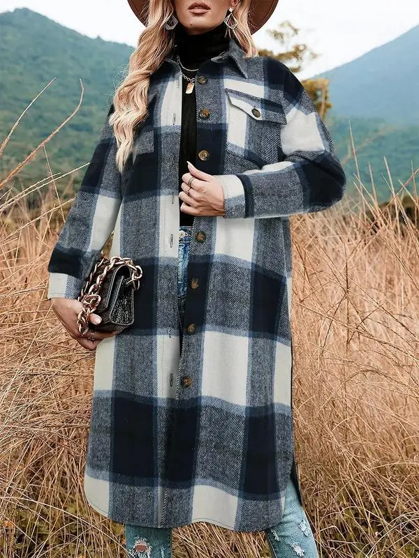 Women's Plaid Print Button Front Coat