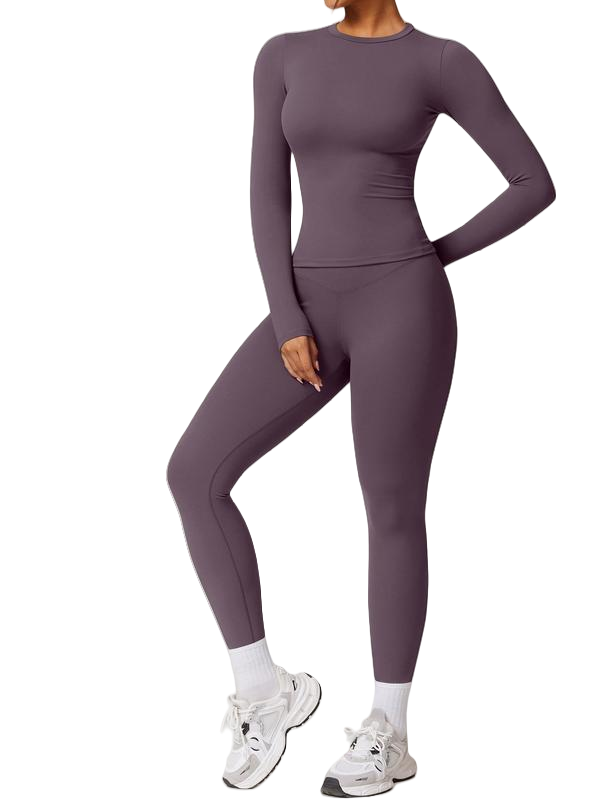 🔥Women’s High‐Elastic Patchwork Active Set – Long Sleeve Slim Fit & Compression Pants