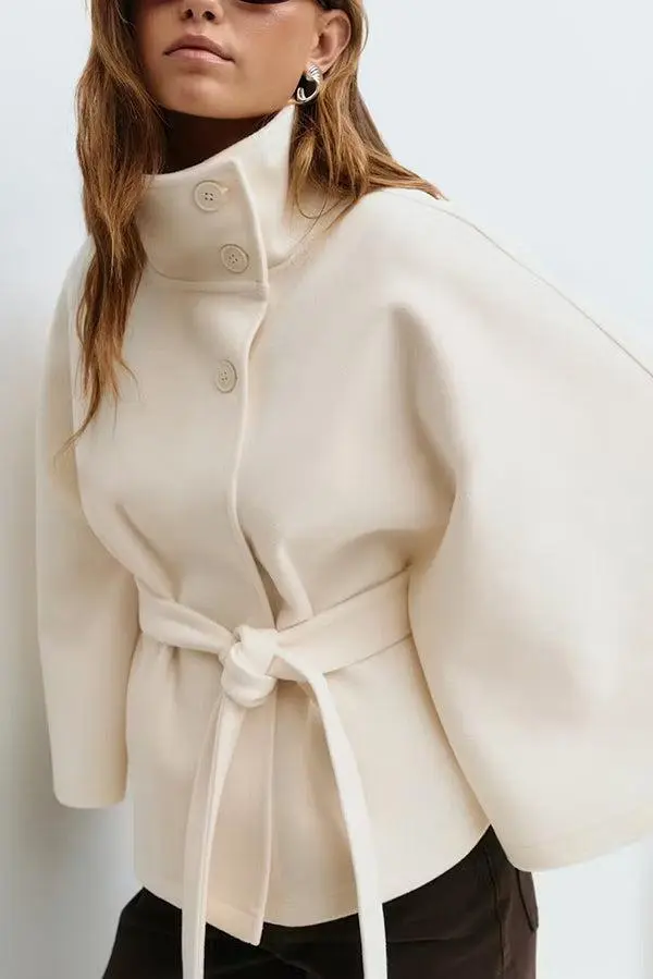 Women's Plain Front Buckle Belted Woolen Cape Coat