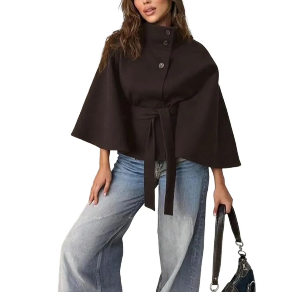 Women's Plain Front Buckle Belted Woolen Cape Coat