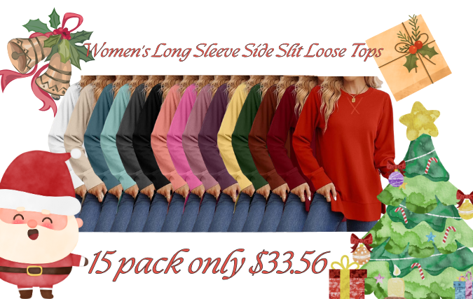Christmas Deals$24.96 for 8 pack- Women's Long Sleeve Side Slit Loose Tops(Multiple Colors)