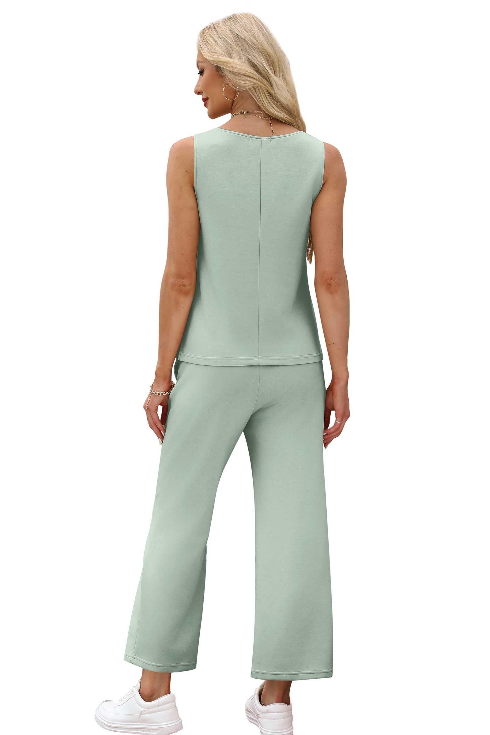 Two Piece Sets for Women Spring/Summer Lounge Sets-Crew neck sleeveless tops with wide leg crop pants