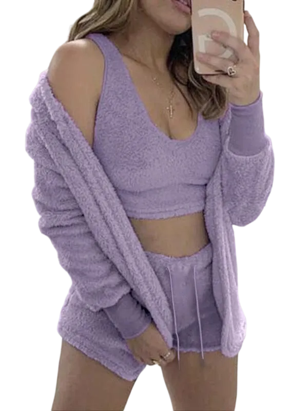 Women's 3-Piece Plush Pajama Set: Drop Shoulder Hoodie, Crop Top & Shorts