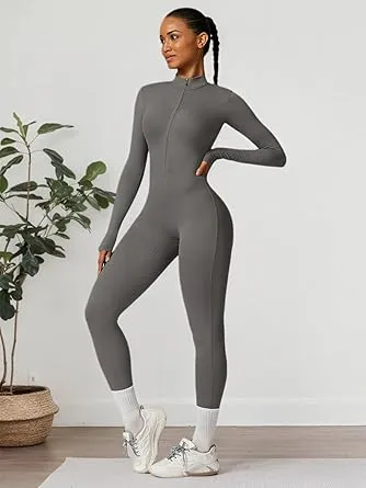 Women's Solid Color Half Zip Mock Neck Sports Jumpsuit