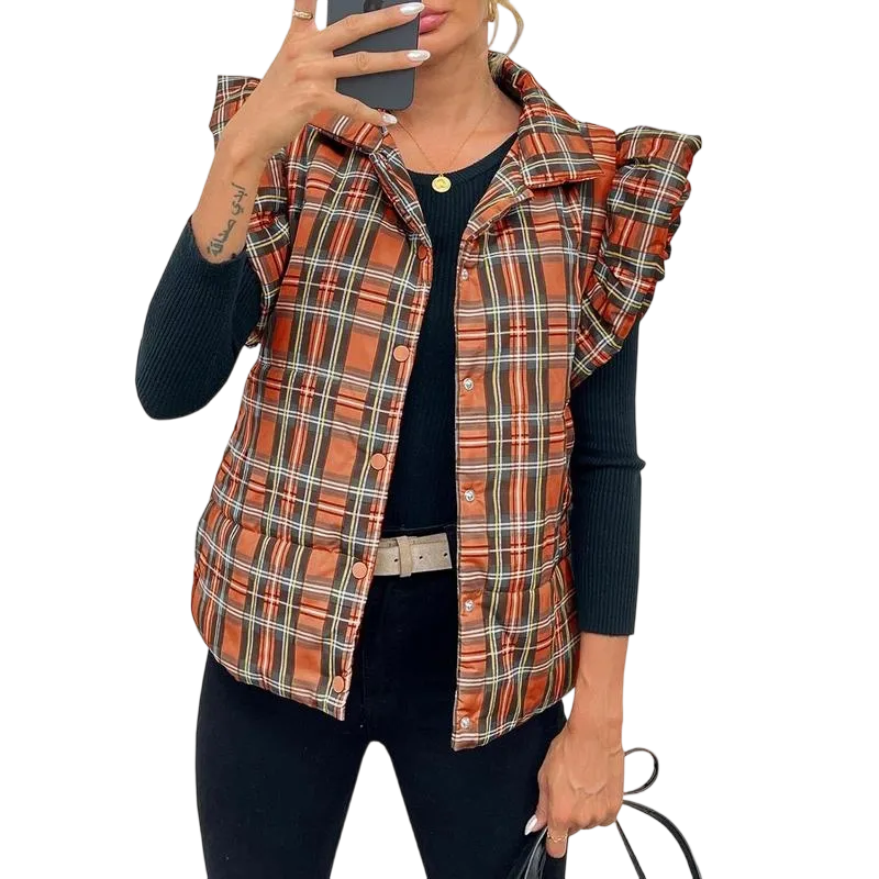 Women's Plaid Ruffle Trim Quilted Vest