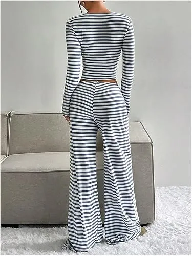 Women's 2 Piece Outfit Striped Square Neck Long Sleeve Crop Tops and Pants Set