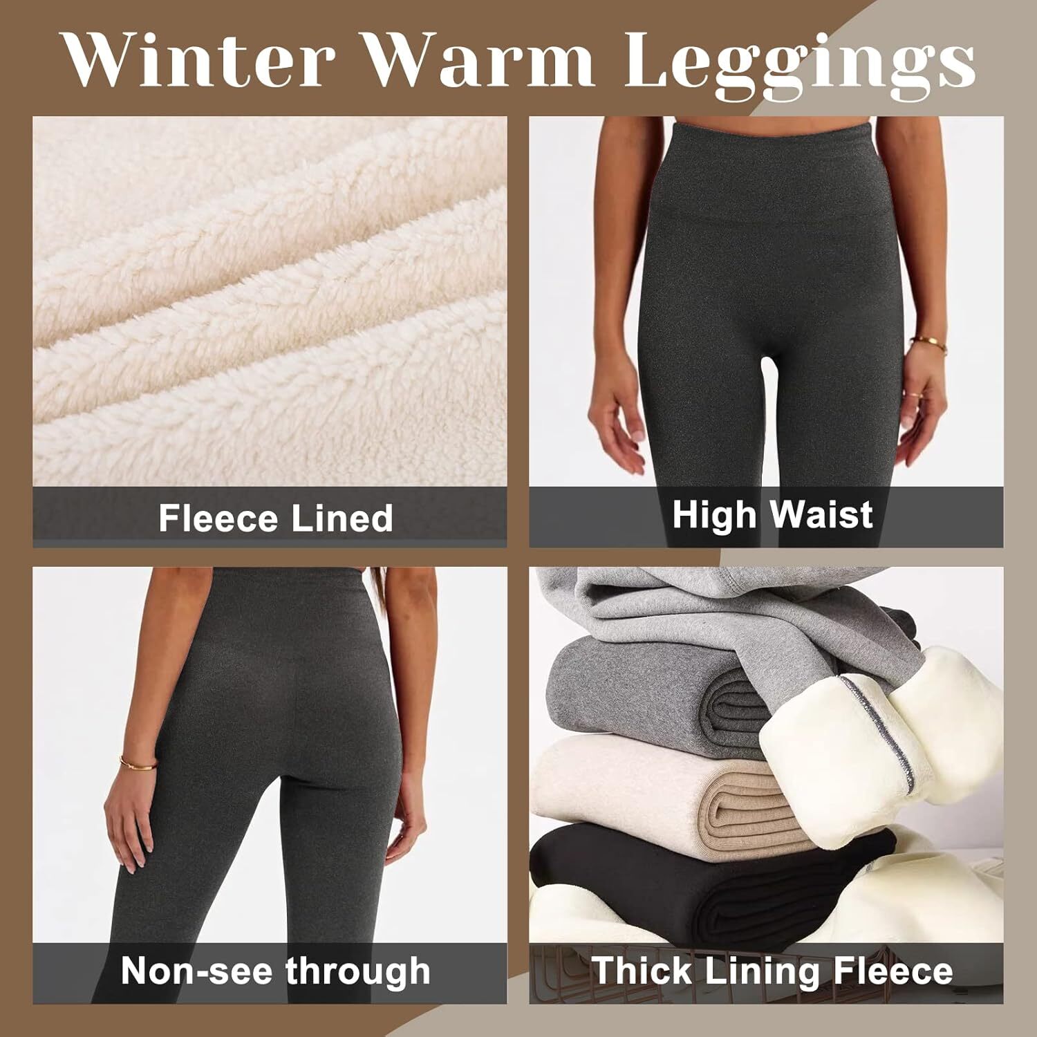 Fleece Lined Leggings Women - Thick Soft High Waisted Black Tummy Control Thermal Warm Velvet Pants for Cold Winter