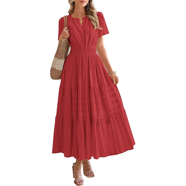 Women's Spring And Summer Lightweight Short Sleeve V Casual Midi Maxi Dresses