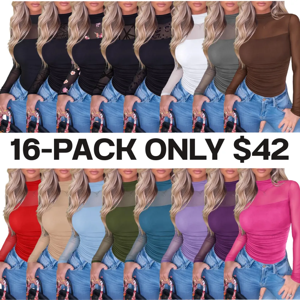 Women's Plain Round Neck Sheer Mesh Patchwork Long Sleeve Sexy Top
